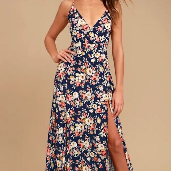 Lulus Everlasting Bliss Navy Blue Floral Print Maxi Dress size S - Picture 1 of 9